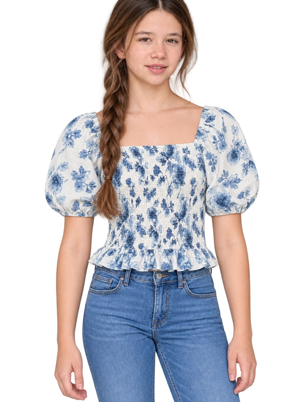 art class Girls Blue Floral Smocked Square-Neck Peplum Top